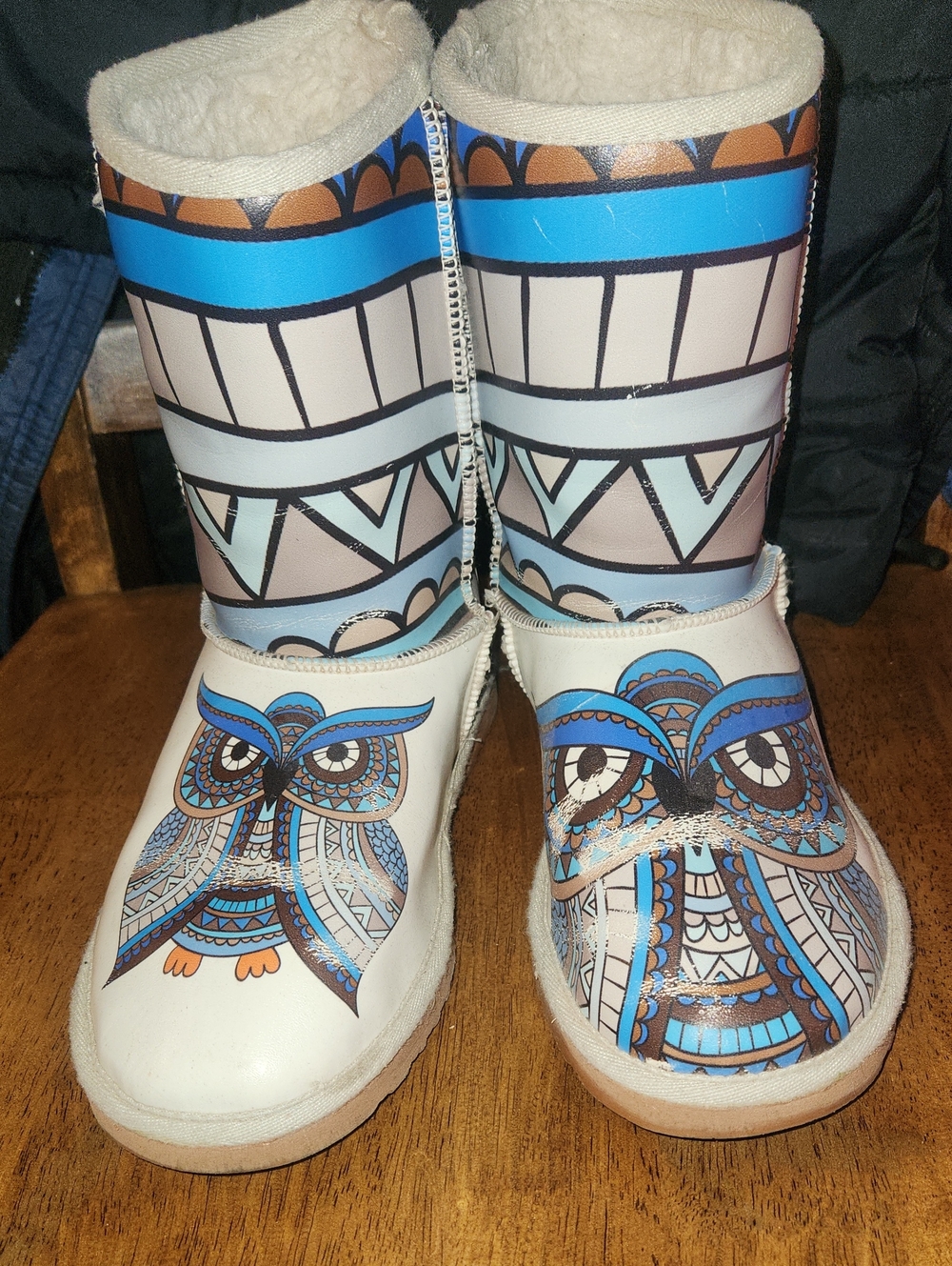Girls' Cream & Blue Owl Pattern Winter Boots with Fleece Lining